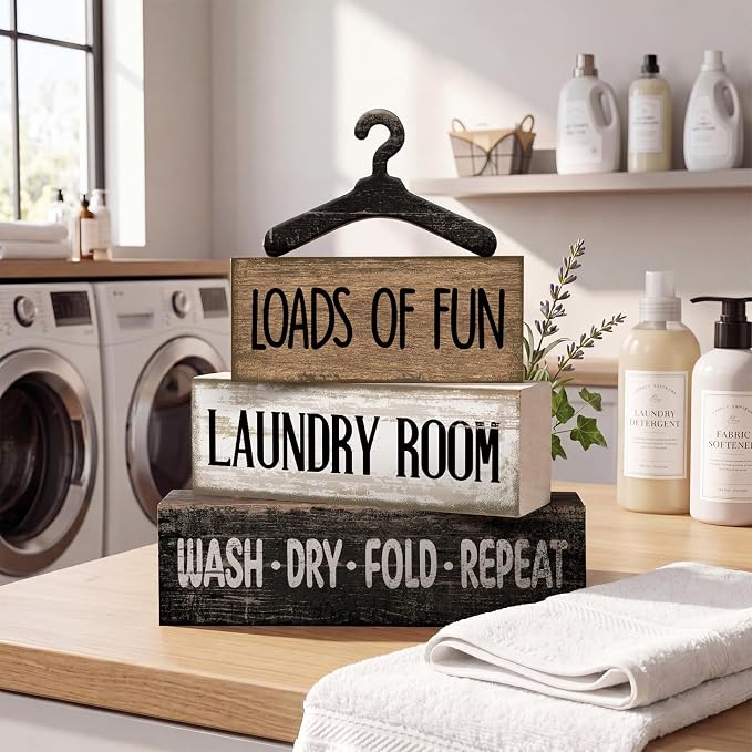Moucuny 4 Pcs Farmhouse Laundry Room Decor and Accessories Stacked Blocks Loads of Fun Wash Dry Fold Repeat Wooden Signs Set with Vintage Hanger - Rustic Sign for Home Bathroom Shelf Housewarming Gift - Image 3