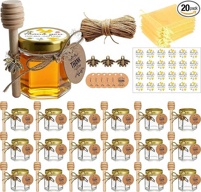 Adabocute 20 Pack Mini Honey Jars with Dipper - Mini Honey Jars for Baby Showers & Wedding Gifts - Gold Lids, Bee Pendants, Jutes and Gift Bags by Adabocute