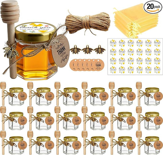 Adabocute 20 Pack Mini Honey Jars with Dipper - Mini Honey Jars for Baby Showers & Wedding Gifts - Gold Lids, Bee Pendants, Jutes and Gift Bags by Adabocute