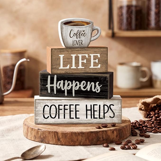 Moucuny 4 Pcs Farmhouse Coffee Bar Table Decor Vintage Wooden Stacked Block Sign - 'life Happens Coffee Helps' Table Centerpiece Rustic Wood Bar Sign Gift for Home Kitchen Shelf Tiered Tray Decor - Image 7
