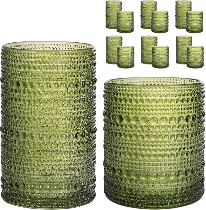 Moretoes Vintage Hobnail Drinking Glasses Set of 12,Green Water Glass Cups | Mixed Glassware Set, 6pcs 12oz Highballs and 6pcs 10oz Old Fashioned Glasses, Great for Cocktail, Whisky and Other Beverages by Moretoes