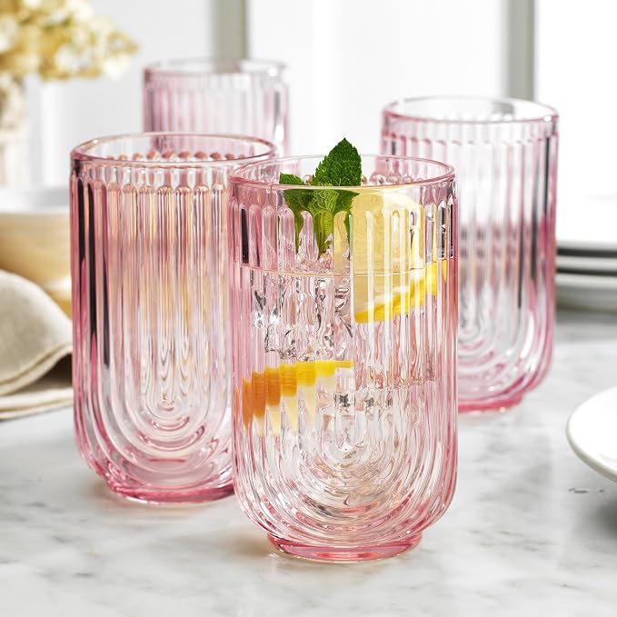 Glaver's Vintage Glassware Art Deco Glasses Ribbed Drinking Glasses U-Shape Arch Design Colored Cocktail Kitchen Tumblers Everyday Dinner Decorative Party Hand-Wash Only (Pink S/4 17oz) - Image 2