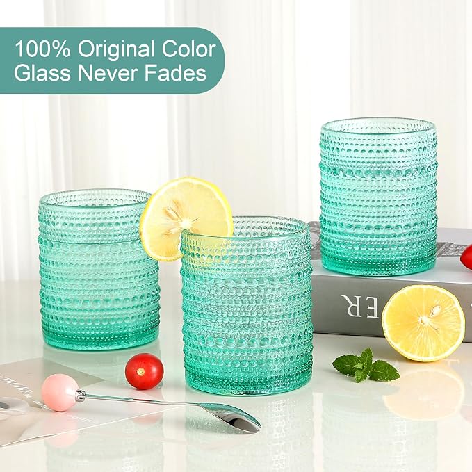 ZMOWIPDL Drinking Glasses Set of 6,12oz Lake Blue Hobnail Glass Cups | Vintage Glassware，Embossed Water Tumbler,for Beer,Cocktail,Whiskey,Juice and Various Mixed Drinks- 1 Cleaning Brush - Image 3