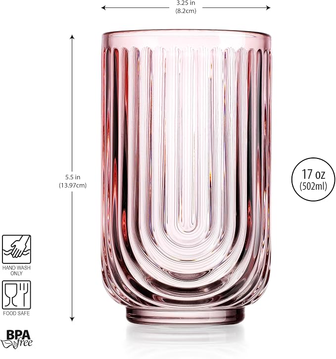Glaver's Vintage Glassware Art Deco Glasses Ribbed Drinking Glasses U-Shape Arch Design Colored Cocktail Kitchen Tumblers Everyday Dinner Decorative Party Hand-Wash Only (Pink S/4 17oz) - Image 8