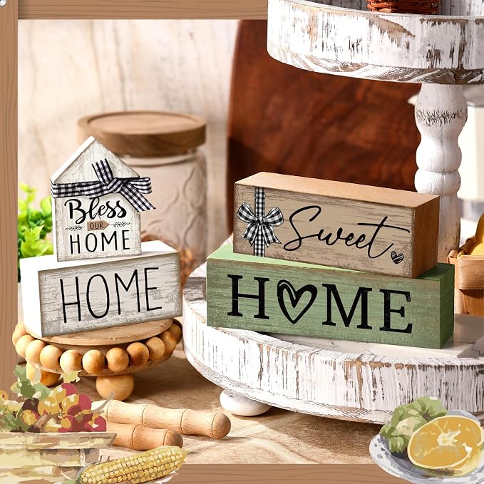 Moucuny 4 Pcs Wooden Farmhouse Table Decor Rustic Home Sweet Home Stacked Blocks Decoration Farmhouse Tiered Tray Decor Decorative Eucalyptus Block Signs Bless Gift for Kitchen Shelf Coffee Table - Image 7