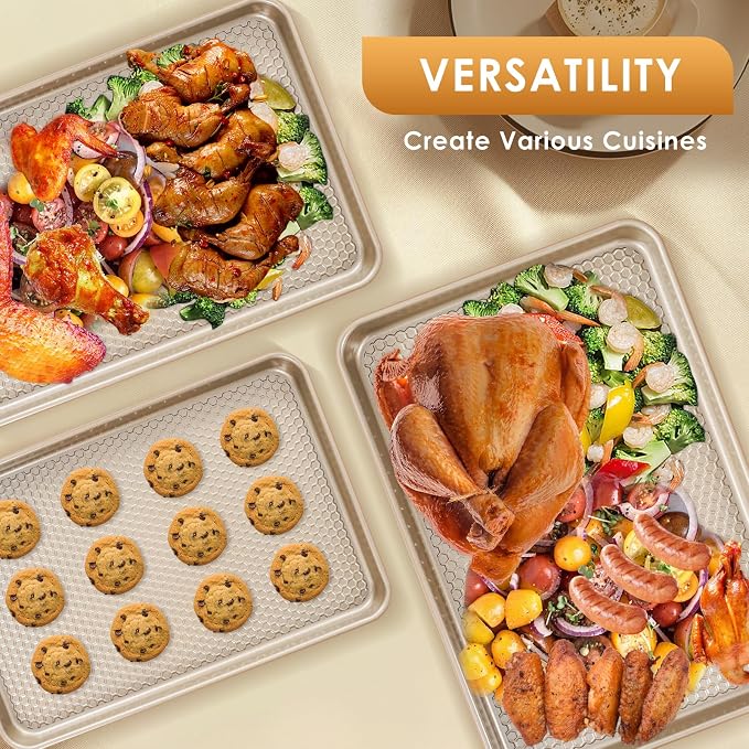 Baking Sheet Pan Set of 3, Nonstick Carbon Steel Cookie Sheets with Texture | Commercial Half/Quarter/Jelly Roll Pans Replacement Toaster Oven Tray, Heavy Duty & Easy Clean - Image 4