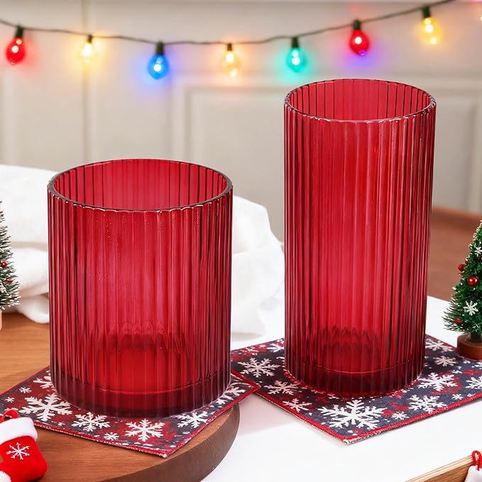 Ribbed Drinking Glasses 8pcs, 12oz and 10oz Glassware, Tumbler Glasses Cup Set for Wedding, Party, Christmas Gift, Red by Lumkit