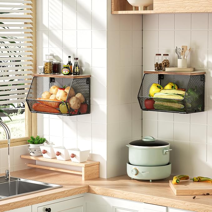 Stackable Fruit Basket for Kitchen Countertop Space Saving, Wall Mounted Mesh Metal Wire Basket with Wood Lid Extra Storage, 2 Pack Kitchen Counter Organizer for Snack, Onion and Potato Storage, Black - Image 4