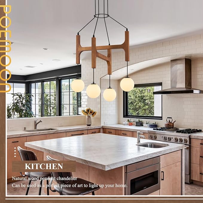 Rustic Wood Chandeliers with Milk Glass Globes Lampshades L24 '' Unique Mid Century Long 4-Light Pendant Chandelier Wood Stained Walnut Farmhouse for Living Dining Room Entryway Bedroom Kitchen,G9 - Image 2