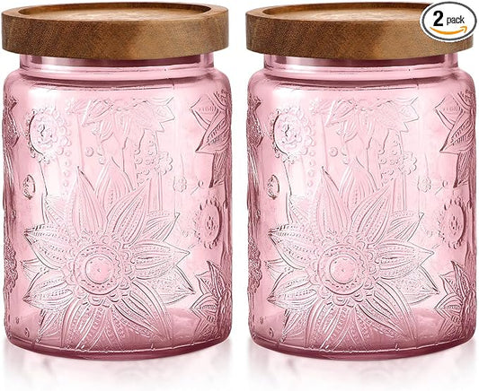 LemonRoad 2 Pcs Vintage Glass Storage Jars 23.67 oz Candy Jar Canister with Solid Wood Lids Food Storage Container for Kitchen, Ground Coffee, Tea, Sugar, Decorative Mason Cookie Jars (Pink) by Unknown