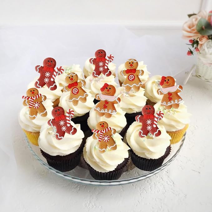 40PCS Edible Merry Christmas Cupcake Toppers - Wafer Paper Gingerbread Man Cupcake Toppers Decorations for Christmas Theme New Year Holiday Party Cake Decorations Supplies - Image 4
