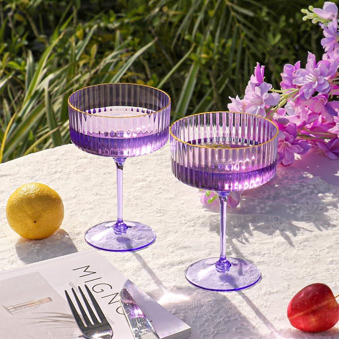 12 PCS Ribbed Coupe Glasses Purple Plastic Champagne Coupe Cup 10oz Detachable Gold Rim Espresso Martini Glass Vintage Margarita Glassware Cocktail Glass Disposable for Halloween Bridal Showers - Image 2