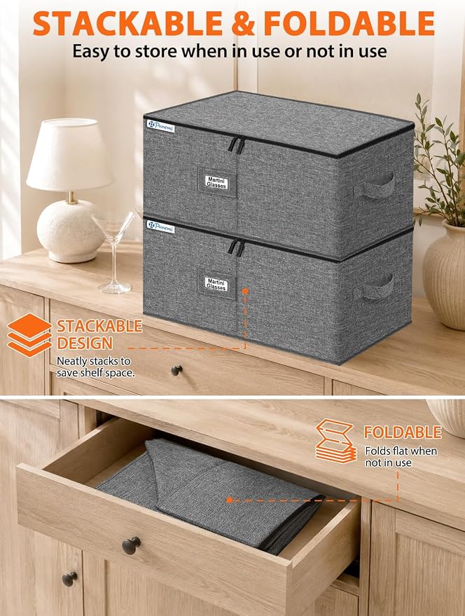 Wine Glass Storage Box for Martini, 5" Wide Cell Hard Shell China Storage Containers with Dividers, Stackable Stemware Storage Holder for Glassware, Margarita, Goblets & Brandy Snifters, Grey - Image 7