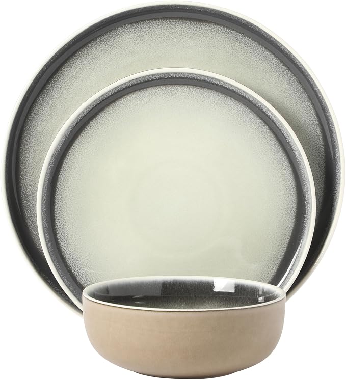 Gibson Elite Island Bay 12-Piece New Bone China Dinnerware Set Service for 4, Reactive Glaze Plates and Bowls, Dishwasher and Microwave Safe, Black and Cream - Image 9