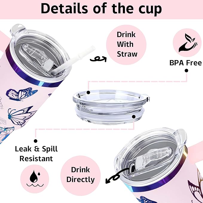 40 oz Butterfly Laser Engraving Tumbler With Handle With Lid Straw Double Insulated Travel Coffee Cup Butterfly Travel Accessories Must Have Gifts For Women