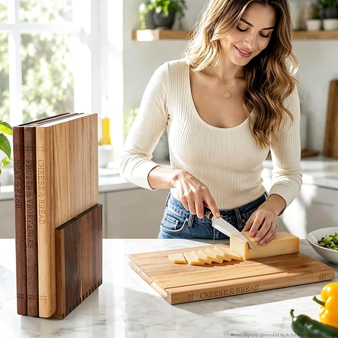Book Cutting Board Set with Wooden Stand for Home Cooks | 3 Labeled Boards for Fruits Veggies,Meat Fish,Bread Cheese Organized Prep,No Cross Contamination - Image 2