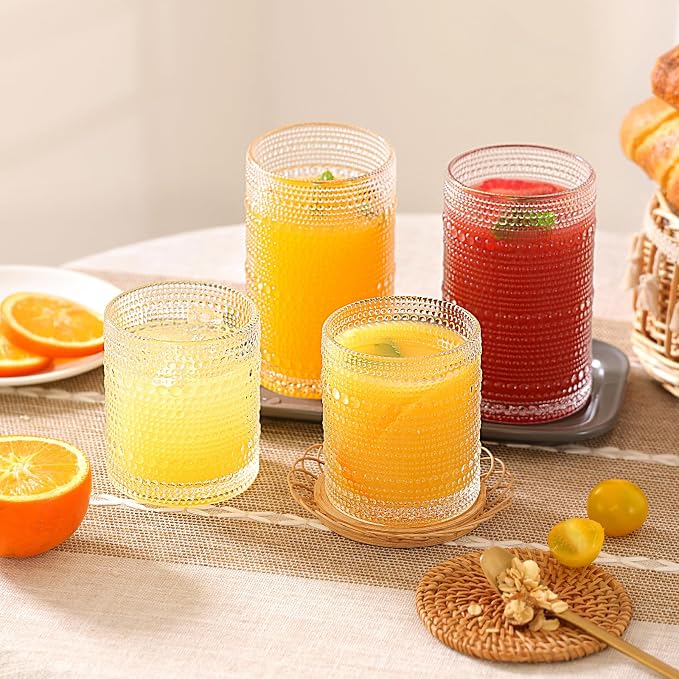 Moretoes Vintage Hobnail Drinking Glasses Set of 12 | 15 Oz Highball Glasses & 10 Oz Cocktail Glasses, Glass Cups Kitchen Bar Tumbler Glassware Set for Whiskey, Beer, Juice, Milk - Image 2