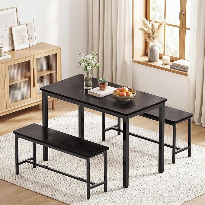 Dining Table Set for 4, Kitchen Table with 2 Benchs, Black | Modern Functional 3 Piece Space-Saving Dining Room Table Set for Apartment, Breakfast Nook, Small Space - Image 3