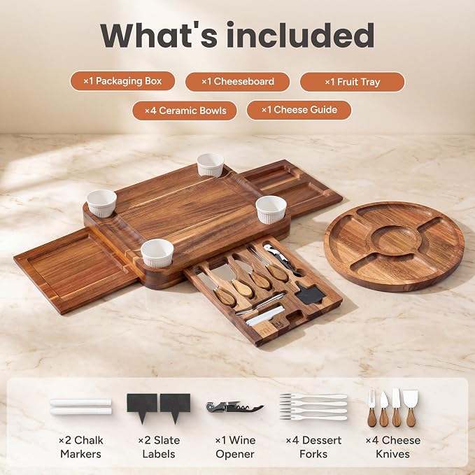 SMIRLY Charcuterie Boards Set, Large Cheese Board Set, Acacia | House Warming Gift, Wedding Gift for Couple, Bridal Shower Gift, Cheese Board Gift Set, Detachable Drawer Design, 3-Drawer - Image 2