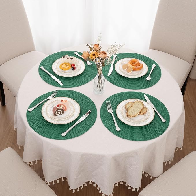 SHACOS Dark Green Round Placemats Set of 6 Cotton Polyester Braided 15 inch Washable Kitchen Dining Table Place Mats Christmas Table Mats for Home Wedding Party Decor - Image 9