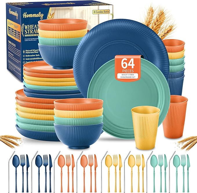 Wheat Straw Dinnerware Sets,64-Piece Plates and Bowls Sets for 8-Unbreakable,Reusable Plastic Dish Set-Dinner Plate/Dessert Plate/Cereal Bowl/Cup/Utensils-Dishwasher Safe 64P-JadePeak Lake Sunset by HOMMALY