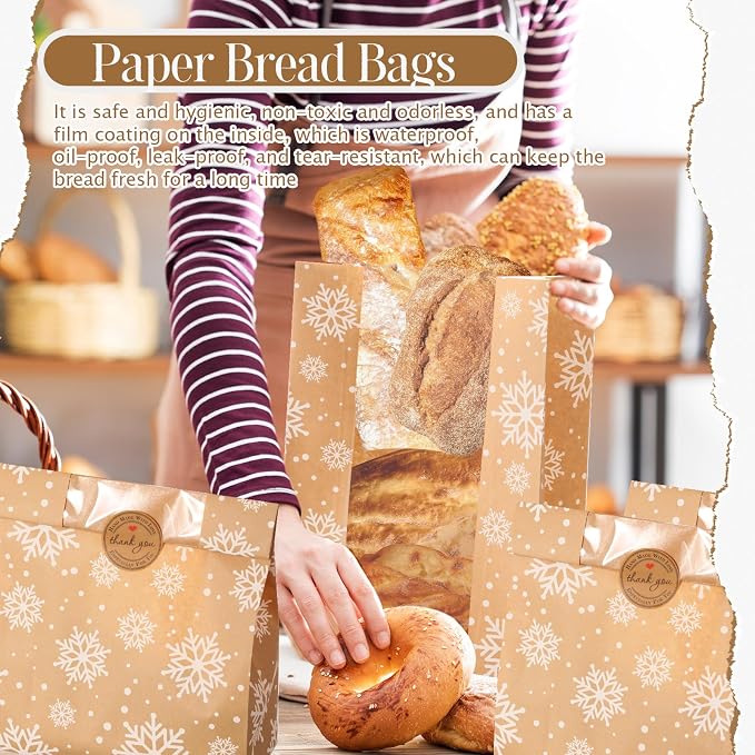 Feifeiya 100 Pack Kraft Paper Bread Bags for Homemade Sourdough Bread with Window & Stickers, 13.7x8.3 Large Bakery Bags for Loaves Greaseproof Food Packaging for Baking Gifts, Brown(Snowflake) - Image 4