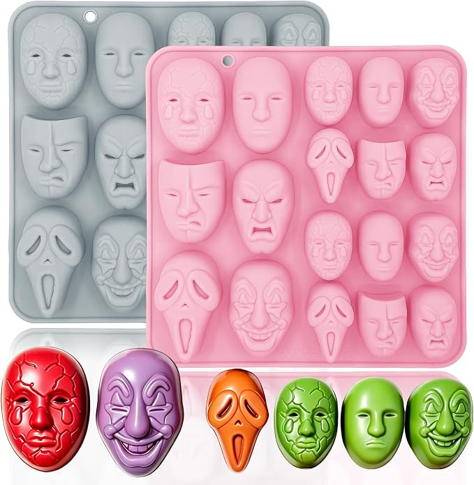 2 Pack 3D Ghost Face Silicone Molds 18 Cavity Halloween Themed Baking Mould Tray DIY Baking Tool for Chocolate Cake Dessert Candy Mousse Pastry Cupcake Topper Handmade Soap Crayons Plaster Casting by BENEKIY