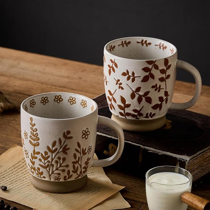 18 Oz Large Ceramic Coffee Mug Set of 2 - Rustic Handmade Floral Mugs with Handle, Microwave Safe for Latte Espresso Cappuccino Tea Cocoa Milk, Modern Unique Big Cups for Kitchen Women(Caramel Brown) - Image 6