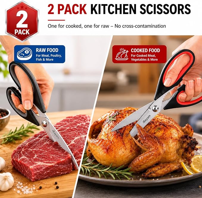 iBayam Kitchen Scissors Shears All Purpose Heavy Duty, Protective Sheath | 2-Pack, Ultra-Sharp Stainless Blades, Soft Comfort-Grip, Dishwasher Safe, Cutting Food Cooking Meat Poultry Kitchen Utensils - Image 8