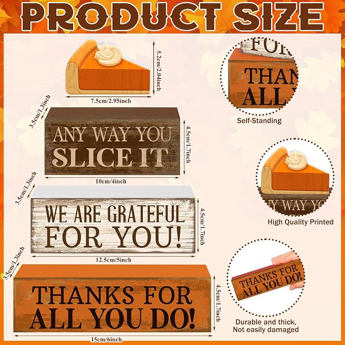 Moucuny 4 Pcs Fall Coffee Table Decor Fall Decoration for Home Wooden Stacked Block with Pumpkin Pie Topper Rustic Thanksgiving Tiered Tray Decor for Harvest Party Home Kitchen Coffee Bar - Image 3
