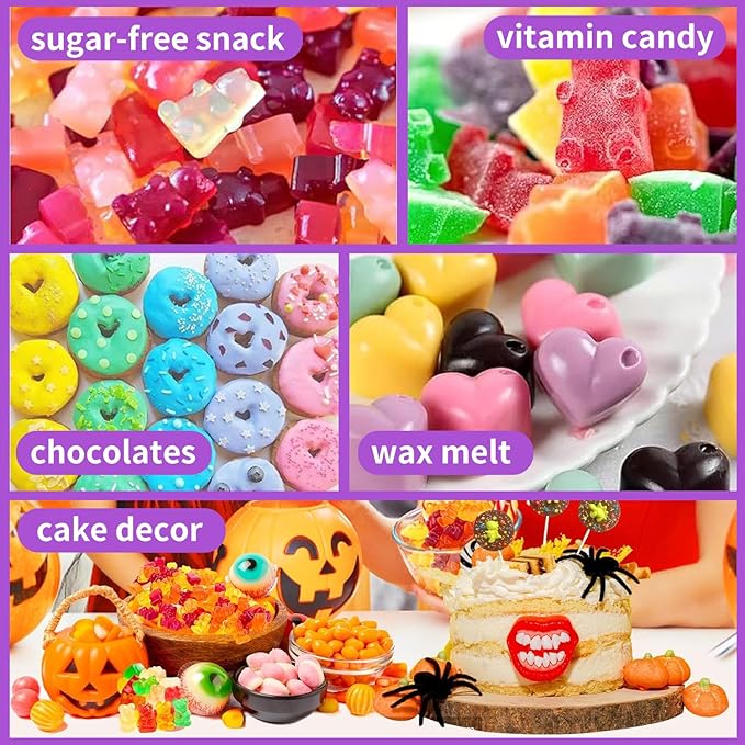 4 Pcs Silicone Gummy Candy Molds Kit with 2 Droppers | Non-Stick Large Bear/Dinosaur/Donut/gummy worm 200+ Cavities | BPA Free Chocolate Jello Molds for Kids, DIY Baking & Party Favors