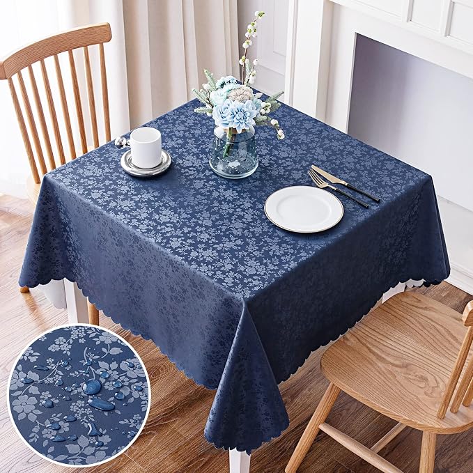 Smiry Square Waterproof Heavy Duty Vinyl Tablecloths, 70 x 70 Inch | Wipeable Washable Floral Embossed Table Cover for Kitchen and Dining Room, Indoor & Outdoor Use, Navy Blue by Smiry