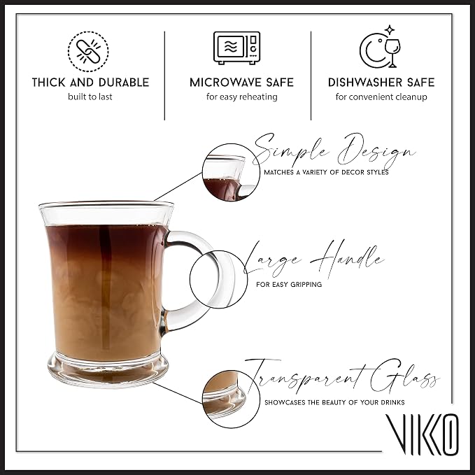 Vikko Glass Coffee Mugs Aroma Collection 13 Ounce Thick and Durable Wide, Set of 6 Heavy Base Dishwasher Safe Large Glass Coffee Cups - Image 2
