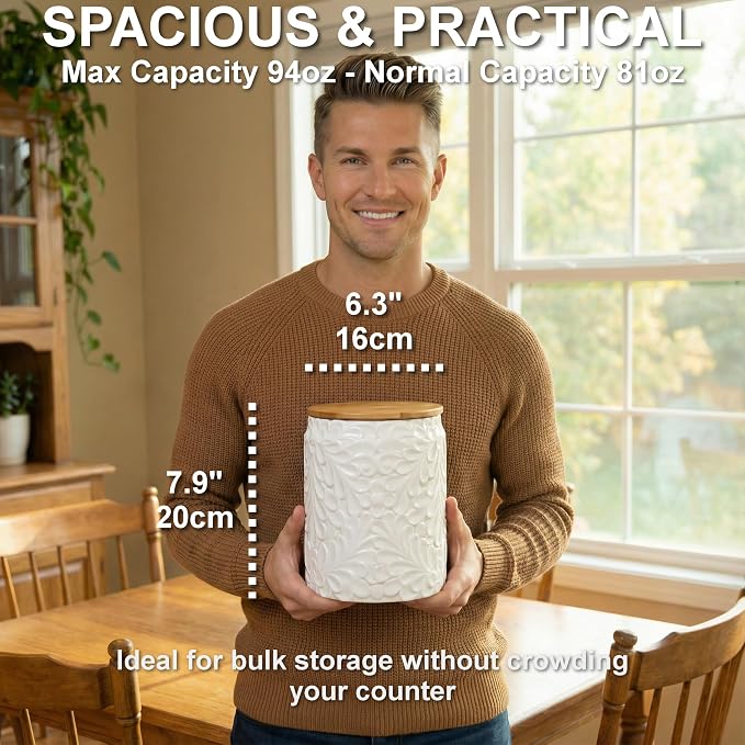 XXL 94 Oz Engraved Ceramic Kitchen Canister - Storage Jars with Airtight Lids Made from Bamboo with Nature-Inspired Engraving - Use as a Pasta Holder, Coffee Ground Holder, Rice Container, Candy Jar - Image 4