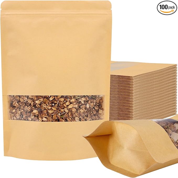 100 Pcs Kraft Paper Resealable Bags for Small Business (6.4 X 8.7 Inches) | Heat Sealable Zip Lock Stand Up Pouches with Clear Window for Food Storage, Samples, Party Favors by EgticLive