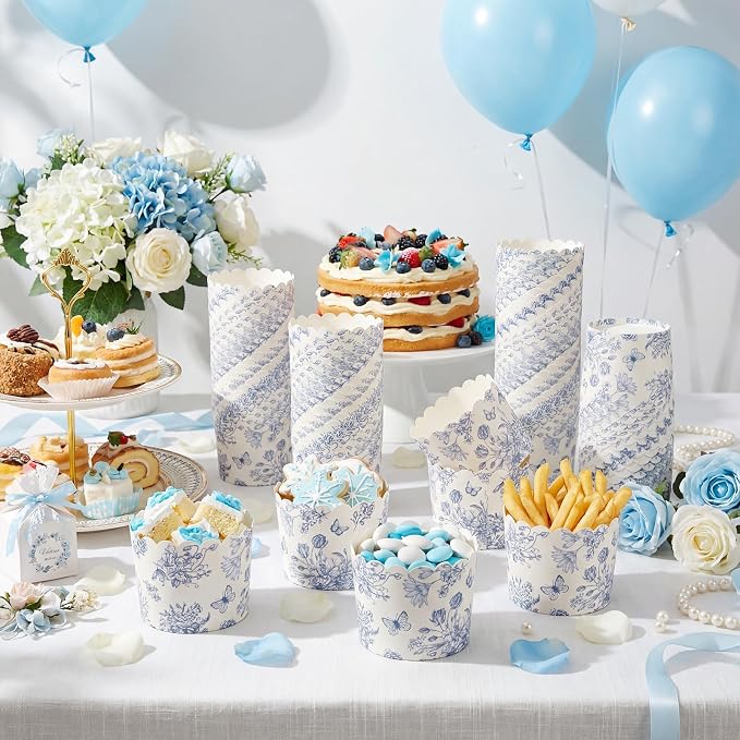 Qinyoung 150 Pcs Blue Floral Cupcake Wrappers Liners Blue White Chinoiserie Wildflower Paper Baking Cups Disposable French Vintage Cupcake Muffin Cases for Wedding Baby Shower Birthday Tea Party Decor - Image 6