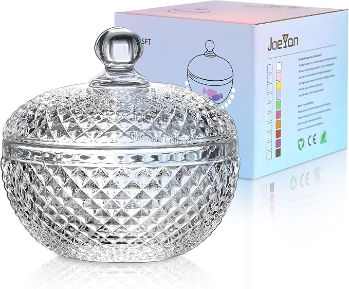 Joeyan 12 oz Small Clear Glass Jars with Lid,Embossed Glass Candy Dishes,Diamond Faceted Food Container,Decorative Jewelry Box Apothecary Canisters,Kitchen Bathroom Buffet Storage Organizer by JoeyanHousehold