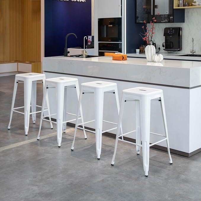 30-inch Backless Metal Bar Stool Stackable Heavy-Duty Counter-Height Chair for Home Bars Patios Kitchen Islands Cafes Restaurants Bistros and Dining Areas for Indoor & Outdoor Use, White - Image 5