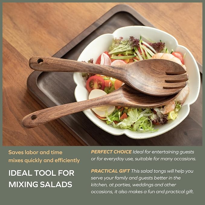Muso Wood Acacia Salad Servers, 12-inch, Set of 2 | Wooden Salad Tongs for Serving Salad Mixes - Image 5