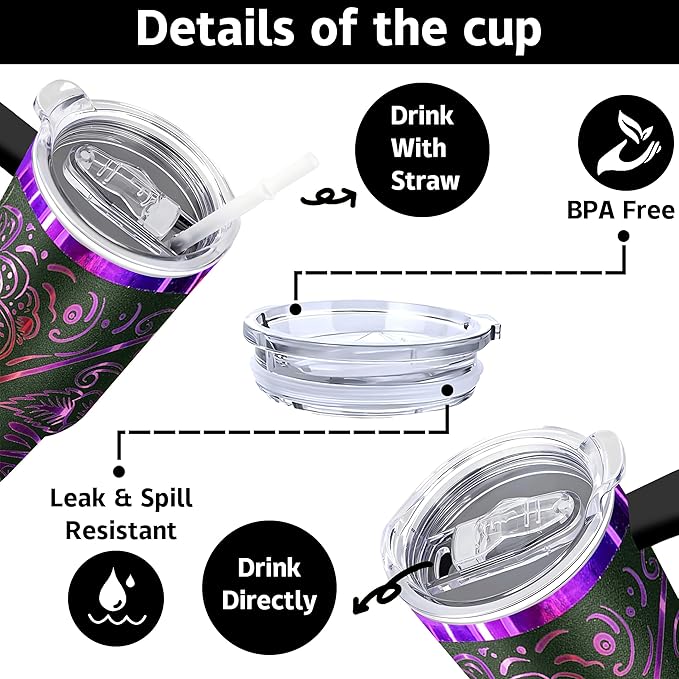 Goth 40 oz Skull Laser Engraving Tumbler With Handle With Lid Straw Double Insulated Travel Coffee Cup Skull Travel Accessories Must Have Gifts For Women