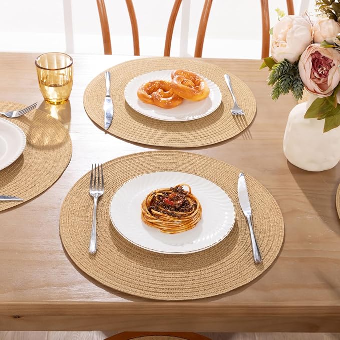 SHACOS 15 inch Round Braided Placemats Set of 4 Cotton Polyester Place Mats Washable Kitchen Dining Table Mats for Dinner Party Table Decor (Camel, 4) - Image 7