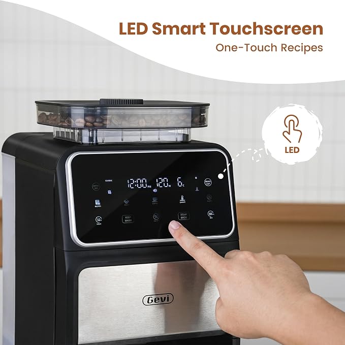 Gevi 10-Cup Drip Coffee Maker With Built-In Burr Grinder & Touch Screen | Programmable Brewing, 4-Hour Warming Plate, Permanent Filter, Included Glass Carafe for Fresh Grind-And-Brew Coffee at Home - Image 3
