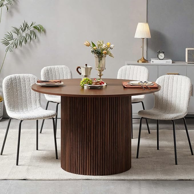5 Piece Round Dining Table Set for 4, Mid Century Modern Wooden Kitchen Table and Chairs, Space-Saving Small Dinette Set (47 Inch Walnut Table+4 White Chairs) - Image 4