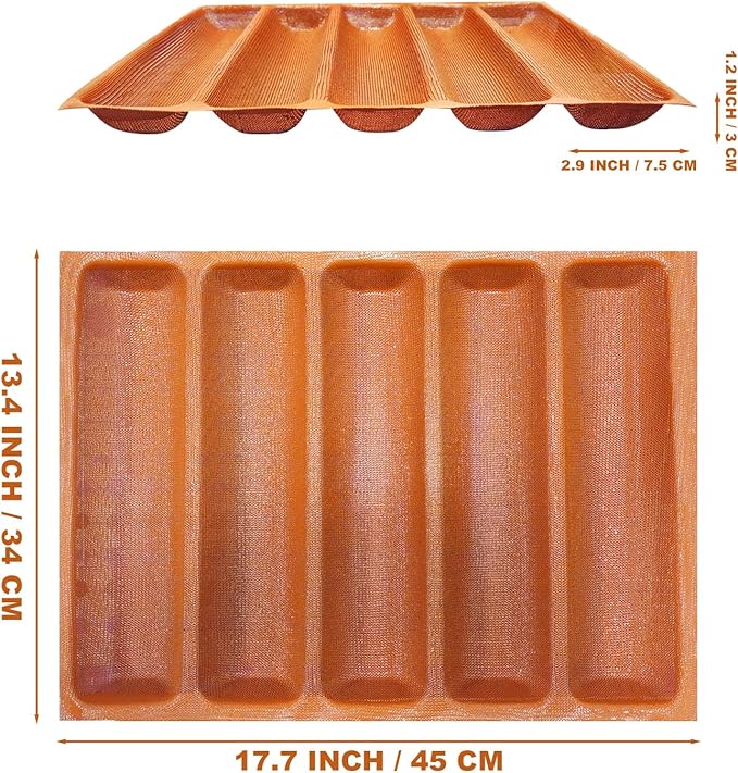 Silicone Perforated Baking Forms Sandwich Mold French Baguette Bread Pan Food Mat 5 Loaf Non-Stick Baking Liners (Orange)