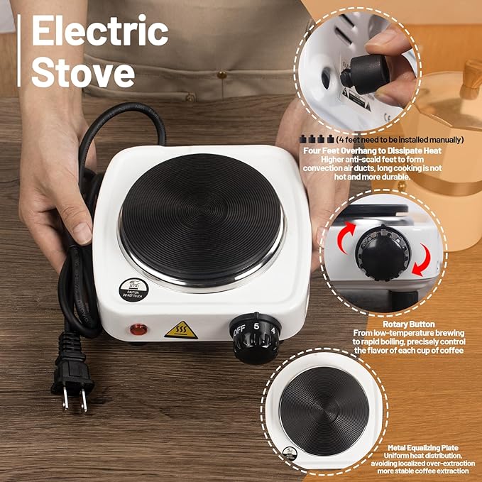 7-in-1 Aluminum Moka Pot Set with Electric Stove Hand Grinder Moka Dispenser Classic Stovetop Espresso Coffee Maker 150ml 5oz Mocha Express Portable Camping Travel Cafe Makers 3 Cup