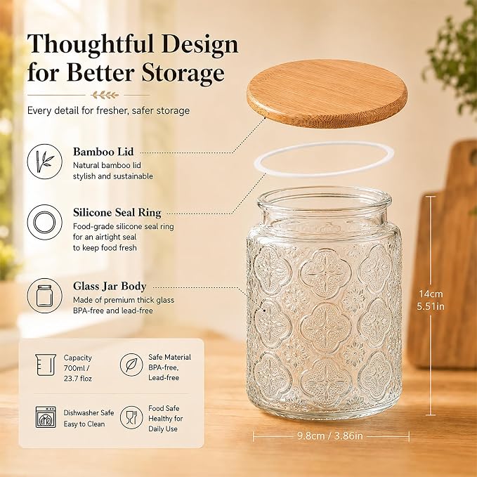 Glass Storage Jars With Airtight Lid, 23.7oz Canister For Kitchen Counter with Bamboo Lid, brown sugar, candy, coffee, cookie, salt, tea,pantry cute Jar (Begonia Flowers*1) - Image 3