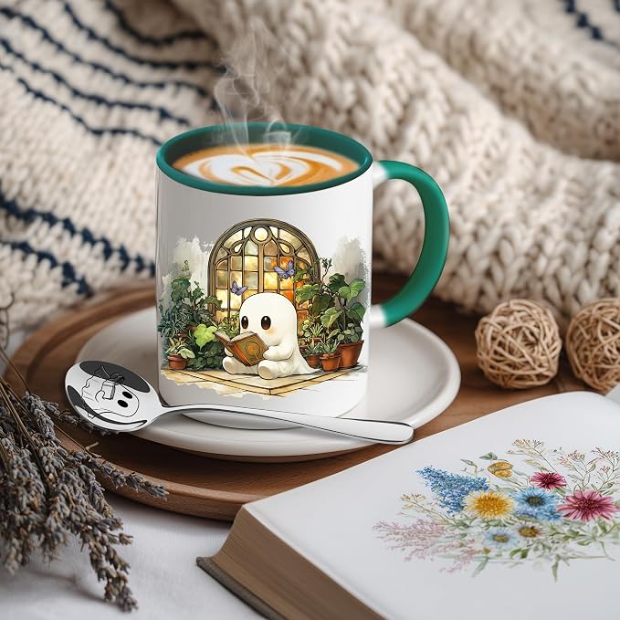 Hyturtle Cute Ghost Reading Mug Gifts for Readers on Birthday, Halloween | Book Lover Mug, Plant Lover Gifts For Women, Premium 11oz ceramic mug, Vivid durable double-sided print, Comfort grip handle - Image 2