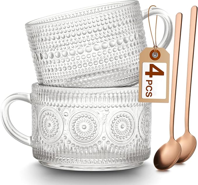 Mfacoy Vintage Coffee Mugs Set of 2, 14 oz Embossed Glass Cups with Handle, Clear Cups for Cappuccino, Latte, Cereal, Yogurt, Milk, Hot or Cold Beverages by Mfacoyisalifestylebrand