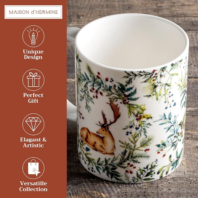 Maison d' Hermine Coffee Mug with Handles Tea Cups (15 Ounce, Pack of 1) | Fine Bone China Coffee Mugs for Hot Beverages Cappuccino Latte Home Restaurant Hotel Spring Summer -Holly Time - Cerf - Image 2
