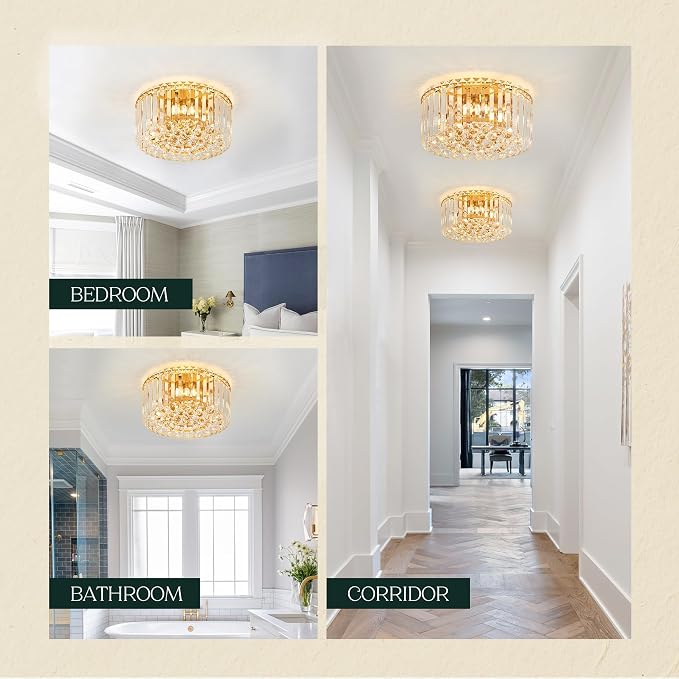 12.6" Gold K9 Crystal Raindrop Flush Mount Ceiling Light, Modern Chandelier, Round Luxury Light Fixture for Dining Room, Bedroom, Hallway, Kitchen Island & Living Room - Image 9